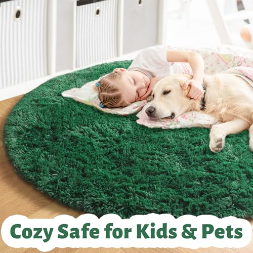 Dark Green Round Fuzzy Rug 4Ft for Kids Bedroom Living Room Dorm (Dark Green / 4' (Round))