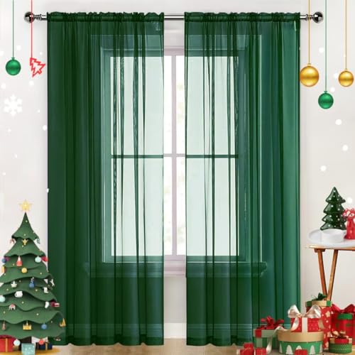 Sheer Voile Window Treatment Rod Pocket Curtain Panels for Kitchen Bedroom Living Room Drapes Sunlight Filtering Privacy Semi Home Decor Assorted Colors Sizes (Foliage Green / 52"W x 63"L (Pack of 2))