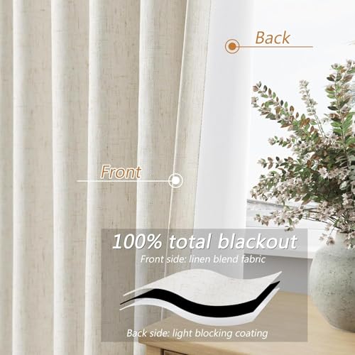 Extra Long 100% Blackout Linen Curtains for Bedroom 104 Inches Long Natural Cream Black Out Curtain Back Tab Thermal Insulated Room Darkening Window Drapes for Living Room 2 Panels Beige Ivory 52x104 (Cream / 52"W x 104"L (Pack of 2))