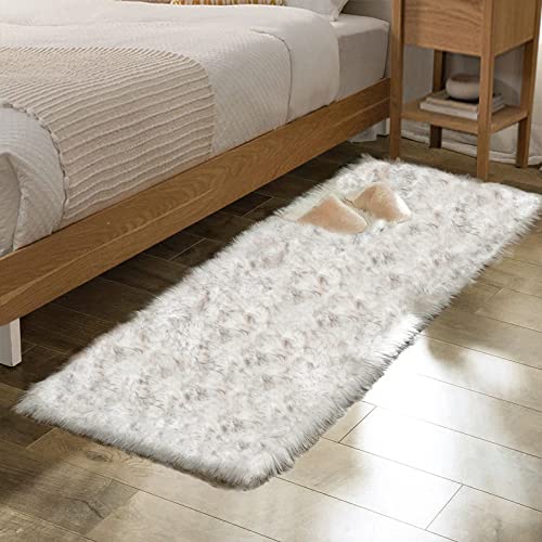 Grey and White Plush Shag Washable Rugs for Bedroom Faux Sheepskin Fur Furry Carpet for Living Room 2x6 Nursery Rug Runner (2' x 6' (Runner) / White With Grey Tips)