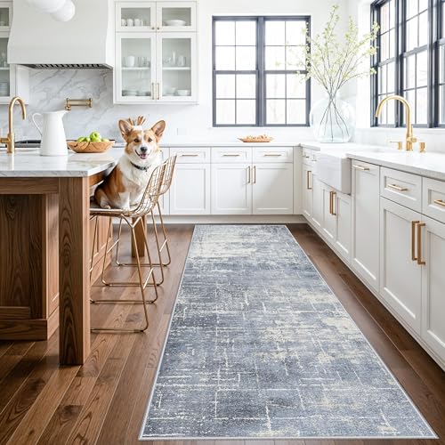 Abstract 3x10 Kitchen Rug Runners (3' x 10' (Rectangular) / Blue/Ivory)
