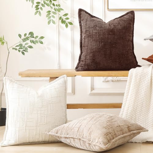 Chenille Throw Pillow Covers 18x18 Inch (Chenille-light Brown / 18" x 18" (Pack of 2))
