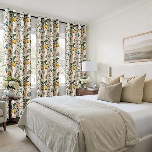 Floral Curtains 90 Inches Long 2 Panels Unique Natural Beige Luxury Elegant Colorful Euro Flower Hummingbird Patterned Rustic Vintage Grommet Drapes for Classroom Room Office Closet 52x90 (Beige / 52"W x 90"L (Pack of 2))