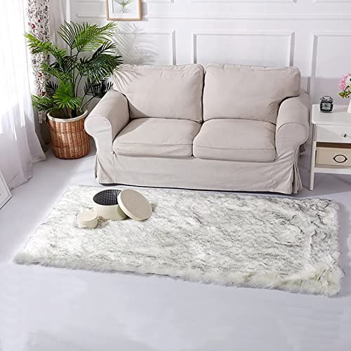2x5 Runner Faux Fur Rug White with Grey Tips Rugs Washable Sheepskin Rug Fluffy Shaggy Fuzzy Bedroom Rugs for Teen Room Décor (2' x 5' (Runner) / White With Grey Tips)