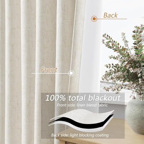 Extra Wide 100% Blackout Linen Curtains for Bedroom 96 Inch Long Ceiling to Floor 8 FT Natural Cream Black Out Curtain Back Tab Room Darkening Window Drapes 1 Panel Beige Ivory 100x96 (Cream / 100"W x 96"L (Pack of 1))