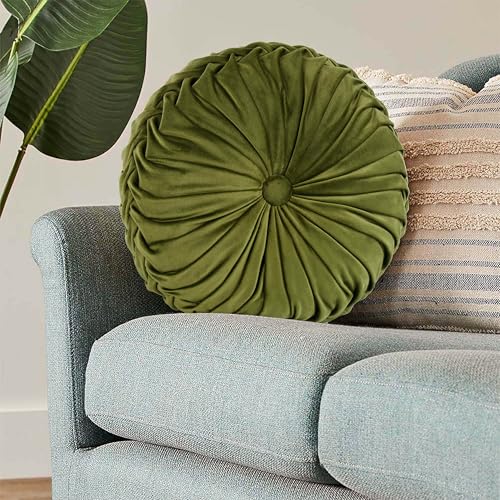 Set of 2 Olive Velvet Decorative Round Pleated Throw Pillows (Olive)