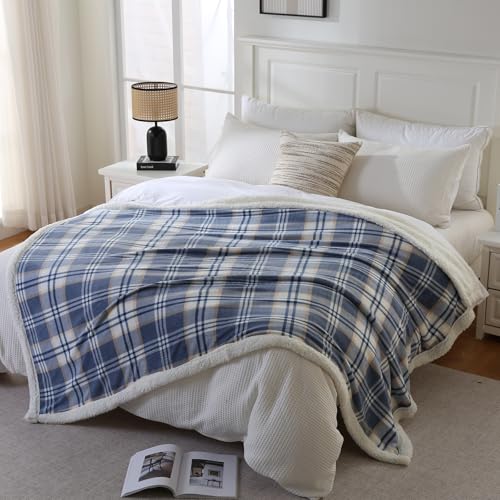 Sherpa Blanket Twin Plaid Thick Bed Blanket (Blue White Check / 60"*80")