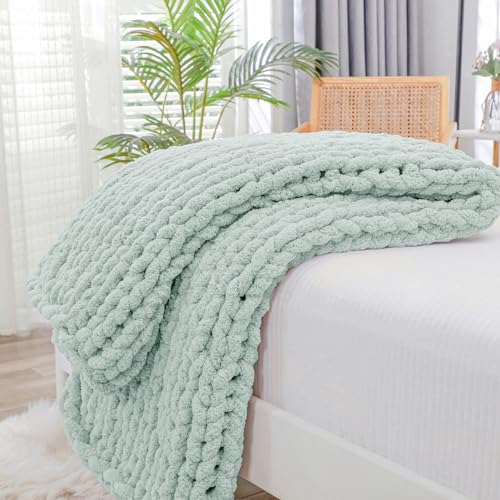 Chunky Knit Throw Blanket for Couch (Mint / 40"x60" (Medium Size Throw）)