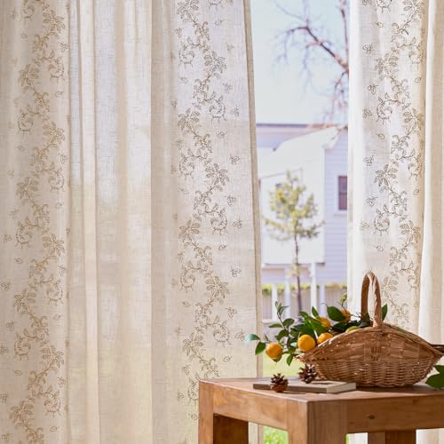 Floral Linen Curtains 63 Inch Farmhouse Back Tab 2 Panels (Vine | Beige / 50"W x 63"L (Pack of 2))