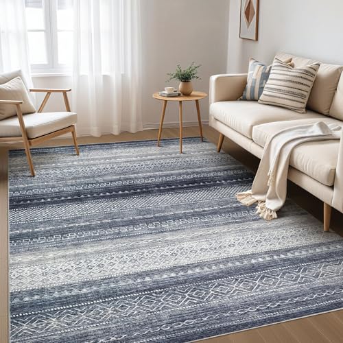 Boho 4x6 Area Rug Living Room Rugs Machine Washable Denim Blue (Denim Blue / 4' X 6' (Rectangular))