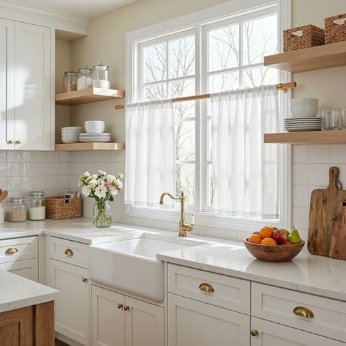 Semi Sheer White Curtains 36 Inches Long for Kitchen 2 Panels (34"W x 36"L (Pack of 2) / Pure White)