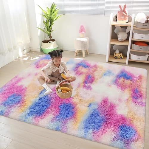 Fluffy Colorful Rug for Bedroom Girls 4x6 Kawaii Rainbow Tie Dye Area Rug Fuzzy Indoor Floor Unicorn Rug for Living Room Kids Nursery Baby Princess Room Dorm Home Decor Aesthetic Carpets (Tie-dyed Colorful / 4' x 6' (Rectangular))
