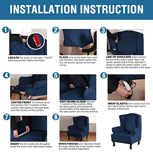 Wingback Chair Covers Velvet Plush Wing Chair Slipcover 1 Piece High Stretch Wing Back Chair Slipcovers Sofa Cover Furniture Cover with Elastic Bottom (Navy / Wing Chair)