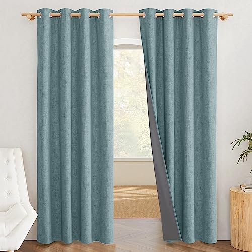 100% Absolutely Blackout Linen Curtains with Thermal Insulated White Liner (52"W x 90"L (Pack of 2) / Skylark Blue)