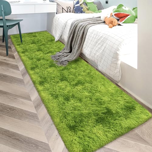 Tie Dyed Runner Rug for Bedroom Green 2x10ft Fluffy Area Rug Bedside Runner Rug for Kids Room Boys Teens Nursery Baby Living Room Dorm Home Decor Carpets (Tie-dyed Green / 2' x 10' (Runner))