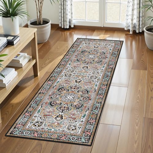 Washable Area Rug 2'6'' x 8' Vintage Traditional Persian Mat (Slate and Multicolor / 2'6" x 8' (Rectangular))