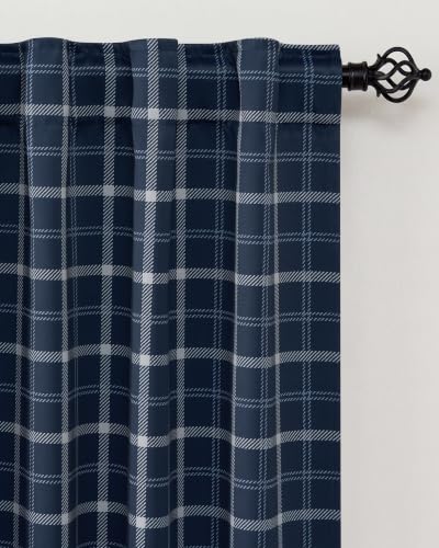 100% Blackout Window Plaid Buffalo Check Energy Efficient Curtains (52"W x 63"L (Pack of 2) / Plaid | Dark Blue & White)