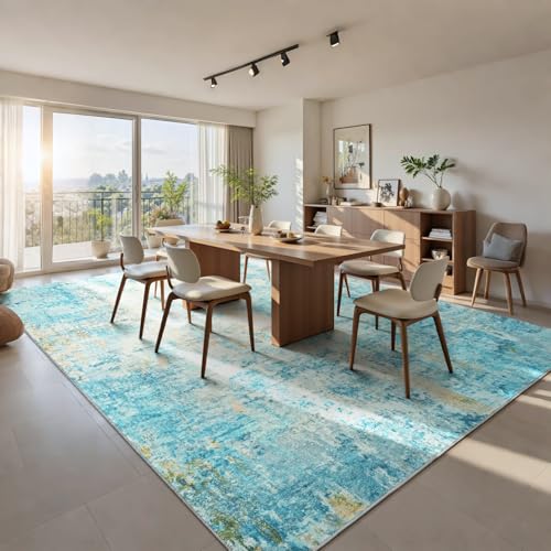 Living Room Rug 8x10 Teal Blue Area Rugs Machine Washable Abstract Boho Large Rug Non (Teal Blue / 8' x 10' (Rectangular))