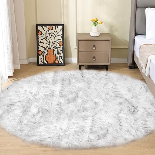 White and Grey Round Rugs 6ft Circle Furry Rug for Living Room Washable Shag Faux Sheepskin Fluffy Fur Rugs for Bedroom Nursery Rug (6' (Round) / White With Grey Tips)