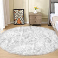 White and Grey Round Rugs 6ft Circle Furry Rug for Living Room Washable Shag Faux Sheepskin Fluffy Fur Rugs for Bedroom Nursery Rug (6' (Round) / White With Grey Tips)