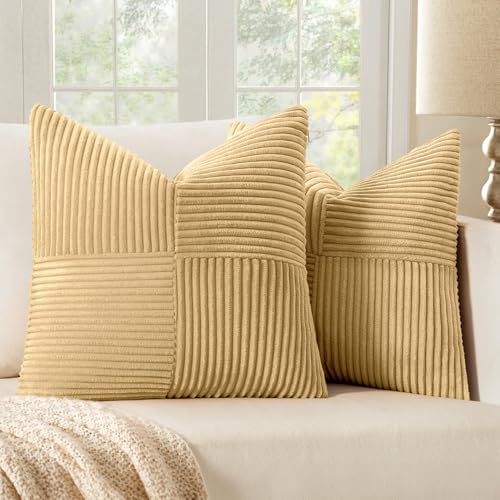 Khaki Decorative Euro Sham Pillow Covers 24x24 Inch for Bed Couch Sofa Pack of 2 Boho Farmhouse Throw Pillows Soft Cross Corduroy Patchwork Textured Cushion Cases (24" x 24" (Pack of 2) / Khaki)