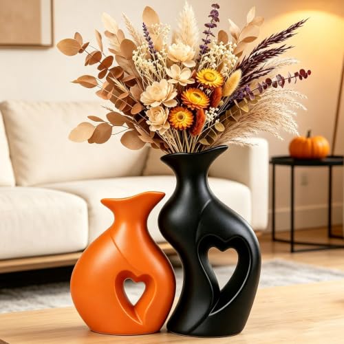 Fall Ceramic Vases Heart Shaped Vase Set of 2 (Orange & Black)