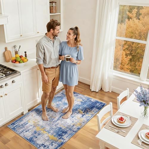 Washable 3'x5' Abstract Area Rug for Living Room Blue Gold (Blue/Gold / 3' x 5' (Rectangular))