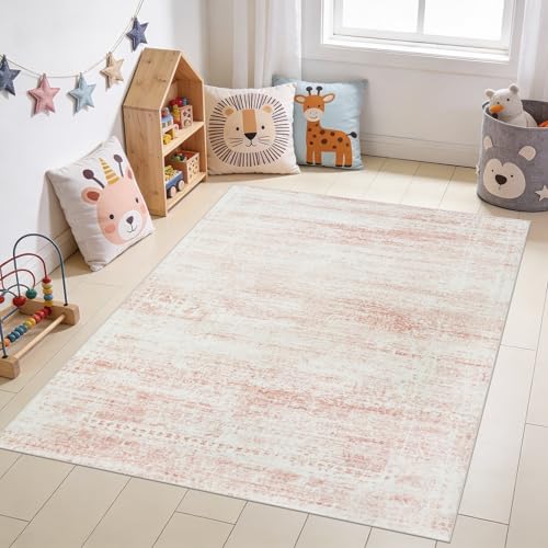 Pink Washable Rugs 5x7 Area Rugs for Living Room (5' x 7' (Rectangular) / Pink-white)