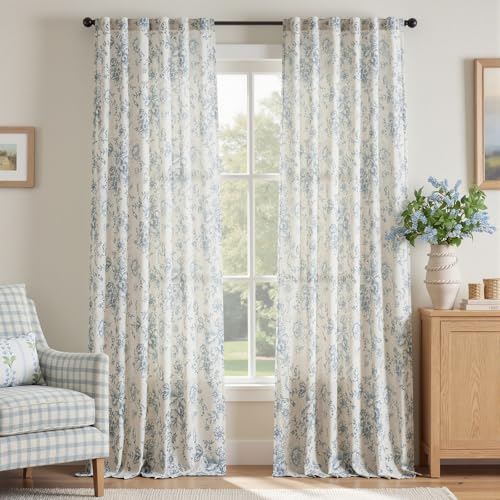 Blue Floral Linen Curtains 90 Long for Living Room 2 Panels (Blue / 50"W x 90"L (Pack of 2))
