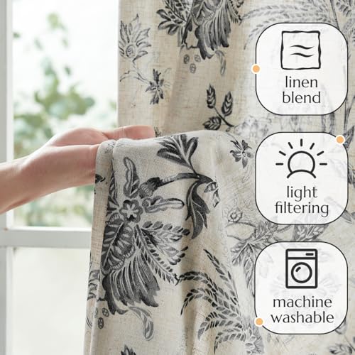 Black Floral Linen Curtains 96 Inch Vintage Back Tab 2 Panels (*Jacobean Black / 50"W x 96"L (Pack of 2))