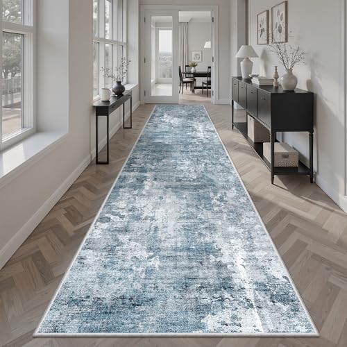 Hallway Runner Rug 2'6" x 12' Kitchen Rugs Abstract Blue (Blue/Grey / 2'6" x 12' (Runner))
