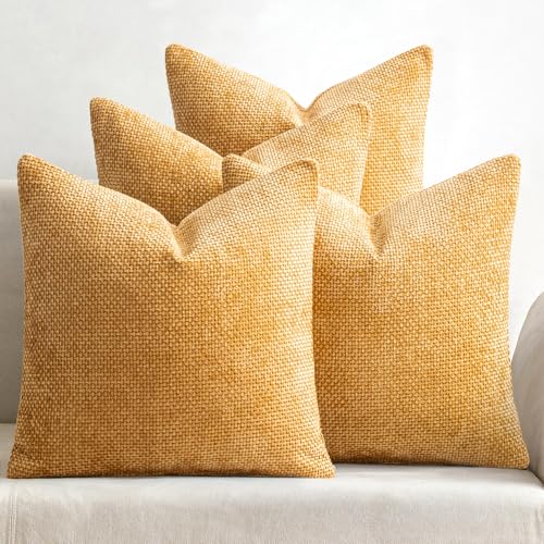 Soft Decorative Chenille Pillow Covers Gold 20x20 Pack of 4 (20" x 20" (Pack of 4) / Gold)