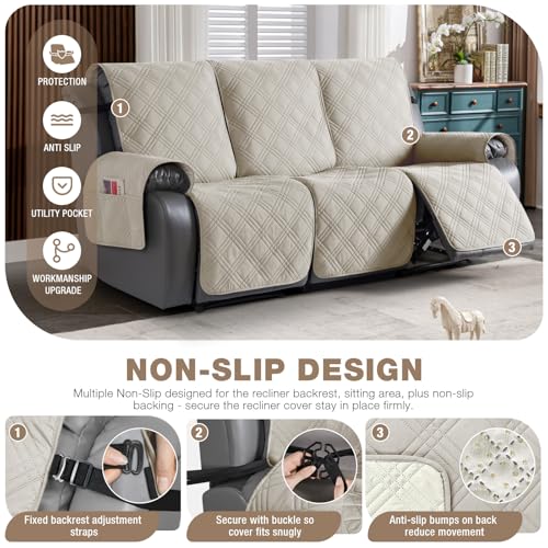 100% Waterproof Recliner Sofa Covers 3 Seater Split Couch Covers for 3 Cushion Reclining Couch with Straps (Cream / 3 Seater Standard)