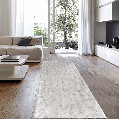 Boho Runner 2x6 White with Grey Tips Fluffy Shag Rug Washable Shaggy Rugs Faux Sheepskin Fur Rug Throw Rugs for Living Room Bedroom (2' x 6' (Runner) / White With Grey Tips)