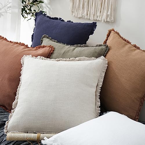 Decorative Linen Fringe Throw Pillow Covers 18×18 Inch (18" x 18" (Pack of 2) / Natural Beige)