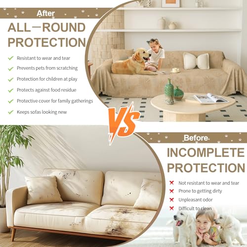 Washable Couch Covers for Sofa Boho Couch Covers for 3 Cushion Sofa Pet Friendly Camel Chenille Jacquard Couch Protector for Dogs Plant Branch Sectional Cover Sofa Slipcovers (71" x 134" / U: Camel)