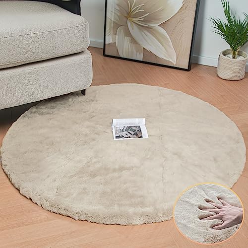 Camel Washable Shag Area Rugs for Living Room Small Plush Faux Bunny Shaggy Fur Round Rugs 4ft Cute Room Nursery Rug (4' (Round) / Beige)