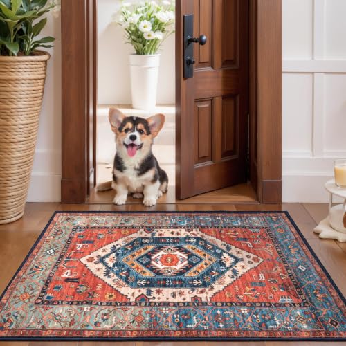 2x3 Washable Non Slip Boho Small Area Rug for Entryway (Rust/Multi / 2' x 3' (Rectangular))