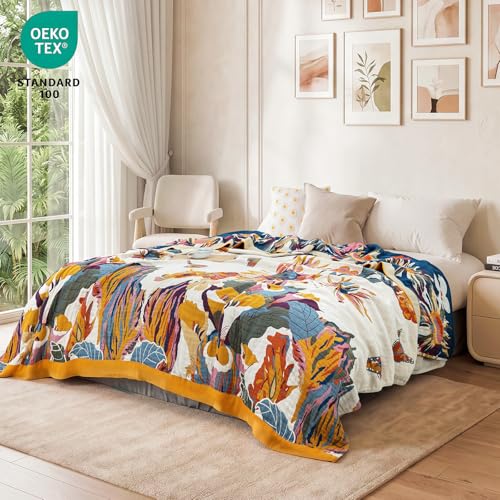 Boho Throw Blanket 80"x90" 100% Cotton Muslin Floral Blanket for Bed (D-flower and Butterfly / 80"x90")