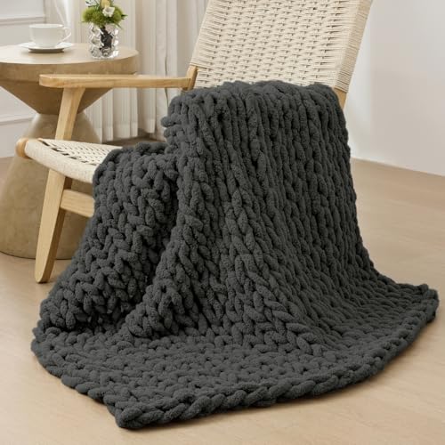 Chunky Knit Throw Blanket for Couch (Dark Grey / 40"x40" (Small Size Throw）)
