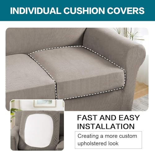 4 Piece Sofa Covers for 3 Cushion Couch Sofa Slipcover Soft Couch Cover for Dogs Washable Furniture Cover with 3 Individual Large Cushion Covers Feature Fabric (L Sofa (3 Cushion) / Taupe)