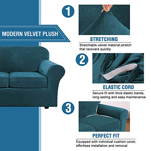 Real Velvet Plush 3 Piece Stretch Sofa Covers Couch Covers for 2 Cushion Couch Loveseat Covers Width Up to 72 Inch Feature Thick Soft Stay in Place (2 Cushion Loveseat / Deep Teal)