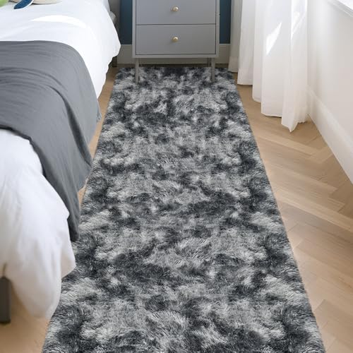 Tie Dyed Dark Grey 2x8 Machine Washable Runner Rugs for Hallway Soft Fluffy Shaggy Bedside Rugs for Bedroom Living Room Indoor Floor Carpet for Kids Girls and Boys Nursery Rooms Home Decor Aesthetic (Tie-dyed Dark Grey / 2' x 8' (Runner))