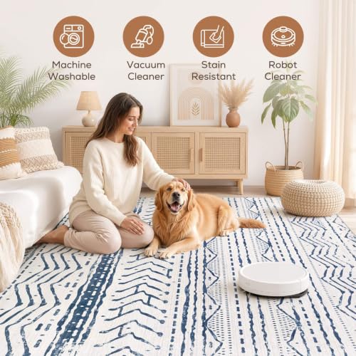 Boho 5x7 Area Rug Living Room Rugs Machine Washable Navy Blue (Dark Blue / 5' X 7' (Rectangular))