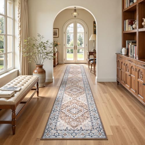 2x10 Hallway Kitchen Washable Runner Rug (Floral Brown / 2' x 10' (Runner))