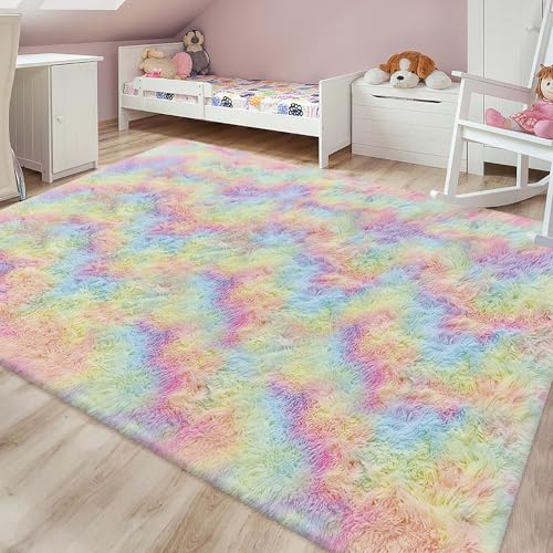 Fluffy Rainbow Colorful Area Rug for Living Room 6x9 Kawaii Tie Dye Rug Fuzzy Indoor Floor Unicorn Rug for Bedroom Girls Kids Nursery Baby Princess Room Dorm Home Decor Aesthetic Carpets (Tie-dyed Rainbow / 6' x 9' (Rectangular))