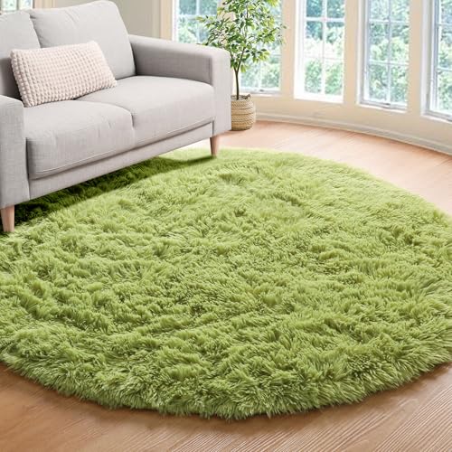Grass Green Fluffy Round Rug Circle Area Rugs 4ft for Kids Teen Bedroom (Green / 4' (Round))