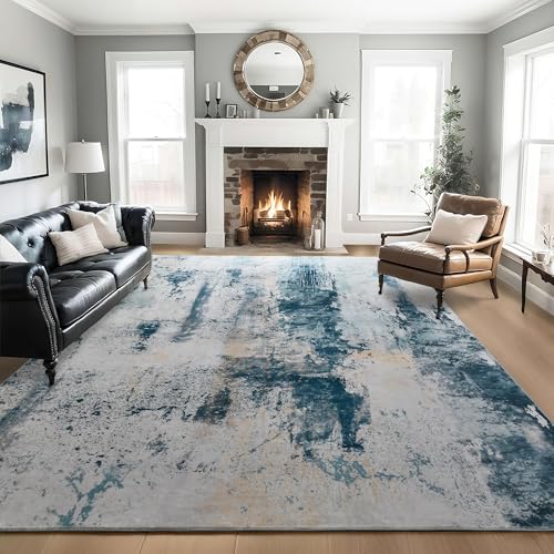 Living Room Rug 7x10 Aqua Blue Area Rugs Machine Washable Abstract Boho Large Rug Non (Aqua Blue / 7' x 10' (Rectangular))