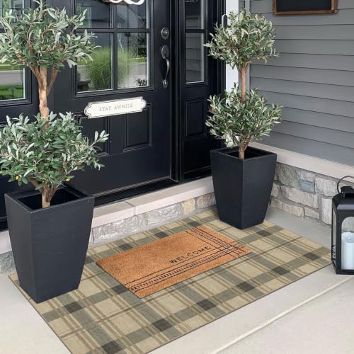 Front Door Mat Indoor Entrance (Tartan Plaid - Taupe / Beige / 2' x 4'3" (Rectangular))