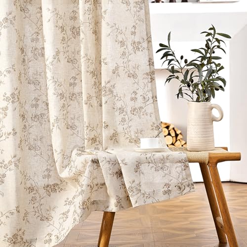 Taupe Vintage Floral Linen Curtains Farmhouse 50W X 90L 2 Panels (Taupe on Beige / 50"W x 90"L (Pack of 2))
